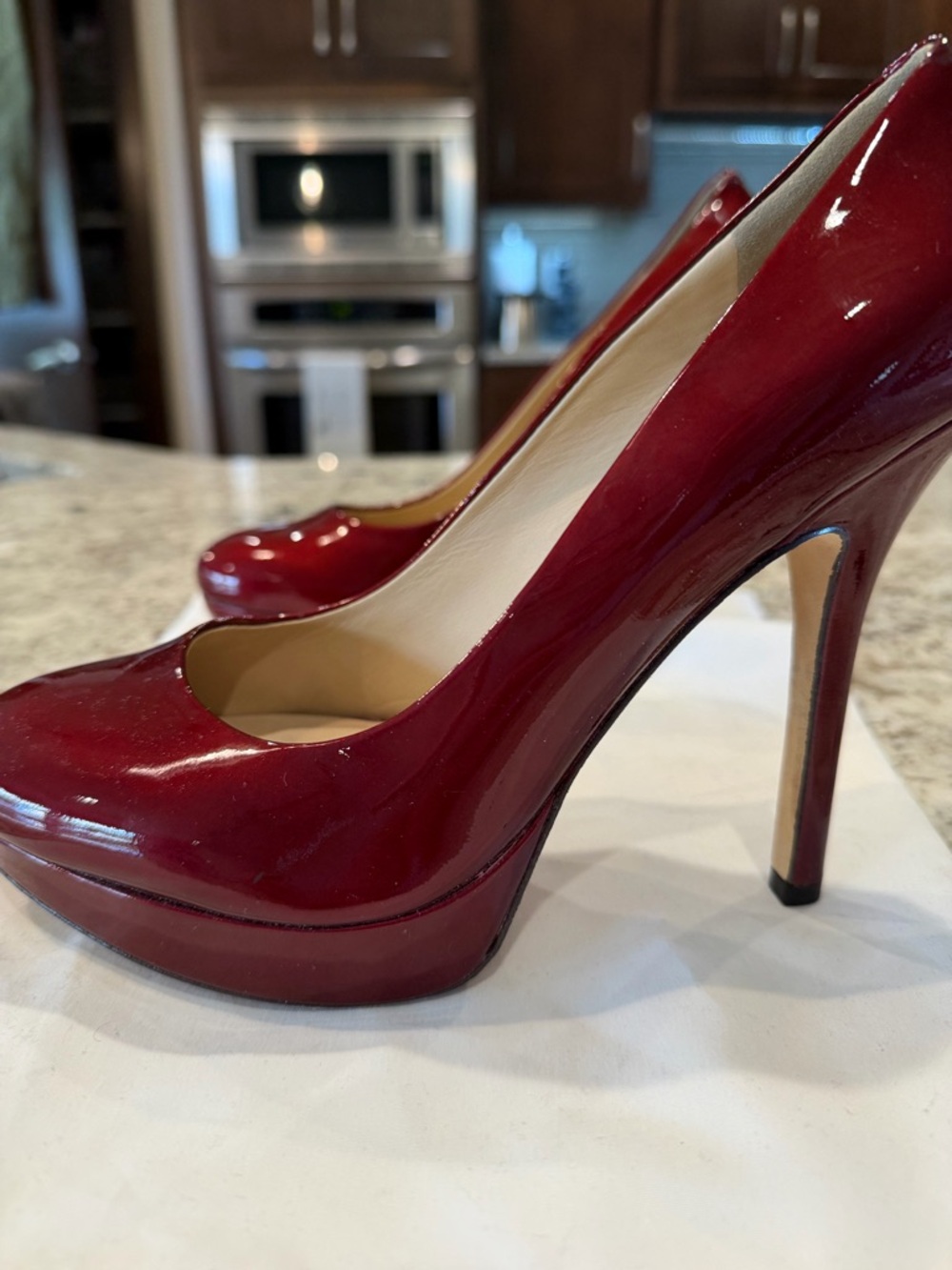 Joan & David Burgundy Patent Platform Stiletto Pumps - Picture 3 of 8